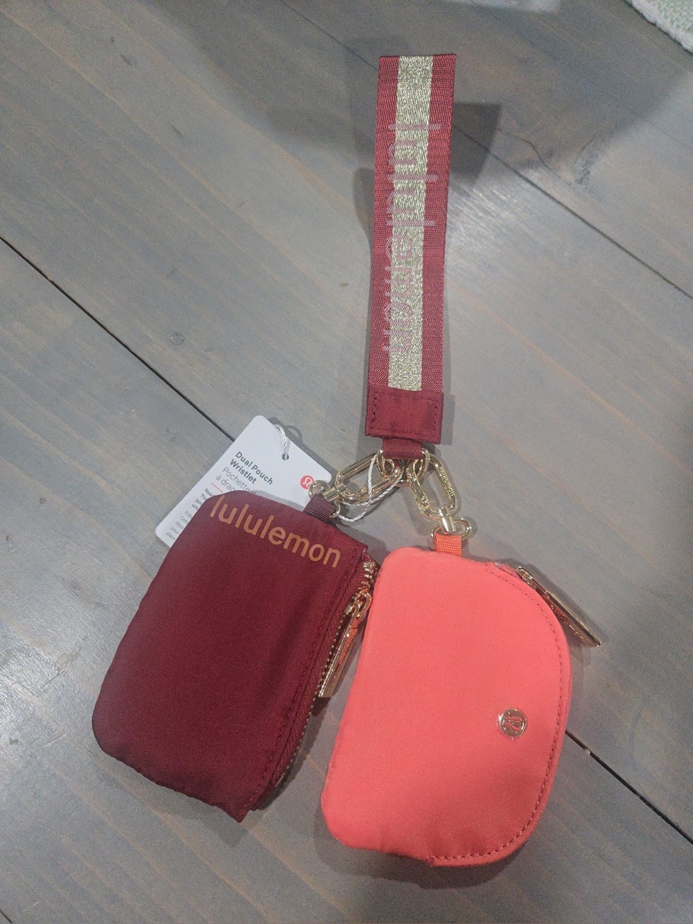 Lululemon athletica Dual Pouch Wristlet pink plum bag purse gym keychain